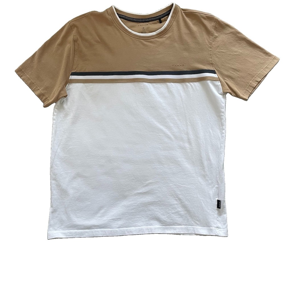 Tahari Mens Medium Short Color Block T Shirt 100% Cotton Tan White Crew Neck